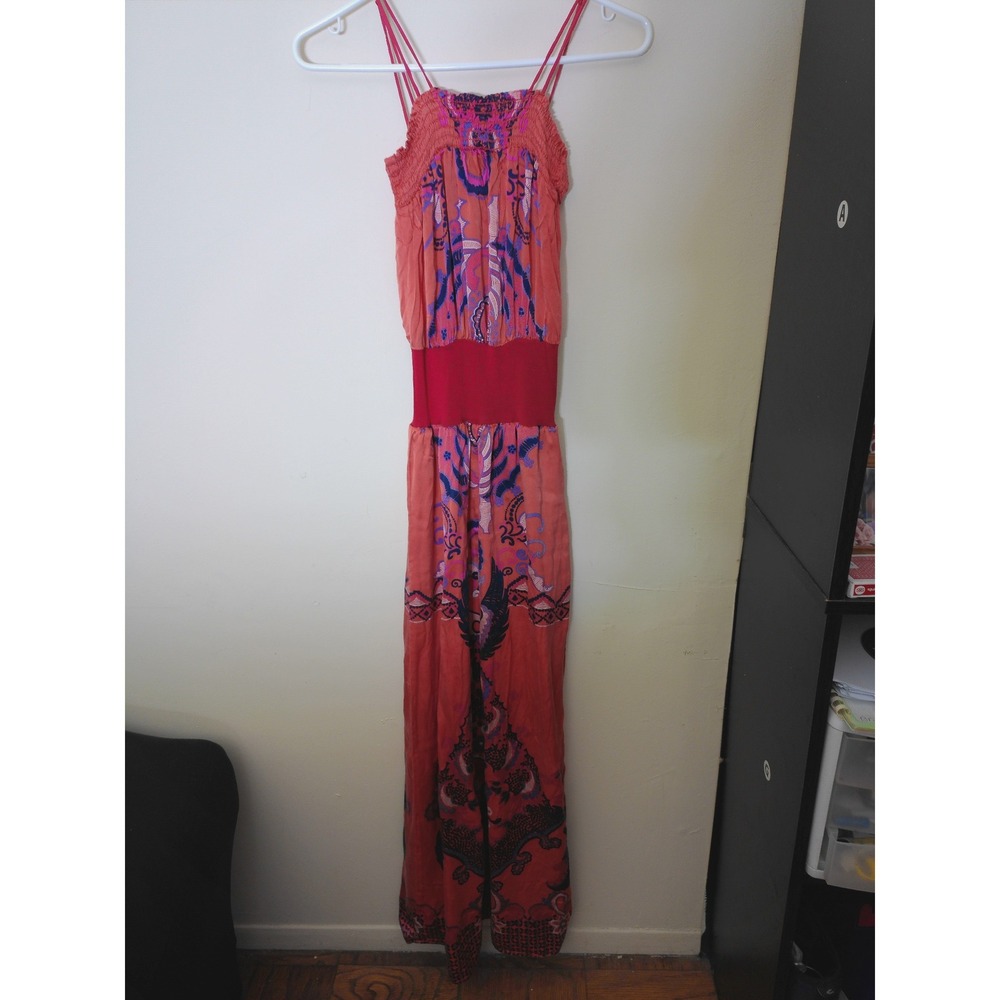 Voom by Joy Han Maxi Dress Womens XS Coral Pink Boho Paisley Smocked Festival